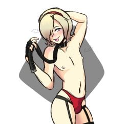 1boy ash_crimson belt blonde_hair blue_eyes collar femboy garter_straps garters heart-shaped_pupils king_of_fighters lingerie male male_nipples male_only male_thong penis_bulge skinny_male smooth_skinned_male softcore solo teddybunny_bear thighhighs