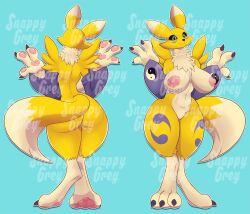 anthro ass bandai_namco black_sclera breasts canid canine digimon digimon_(species) female fur mammal nipples nude renamon smile snappygrey white_body white_fur yellow_body yellow_fur