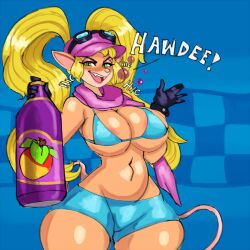 1girls anthro bikini blonde_hair bra crash_(series) drink drunk eyeshadow fangs female geebie33 large_breasts lipstick long_hair makeup pasadena_o'possum solo thick_thighs thunder_thighs video_games voluptuous wide_hips