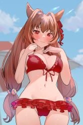 animal_ears bikini blurry blurry_background breasts brown_hair commentary_request cowboy_shot daiwa_scarlet_(umamusume) female frilled_bikini frills front-tie_top halterneck highres horse_ears horse_girl horse_tail large_breasts long_hair red_bikini red_eyes solo solokitsune standing swimsuit tail umamusume very_long_hair