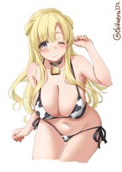 alternate_costume alternate_eye_color animal_print bangs bare_shoulders bell bikini blonde_hair blush breasts cleavage collar collarbone cow_bikini cow_print cowbell cowboy_shot double_bun ebifurya eyebrows_visible_through_hair female fletcher_(kantai_collection) hair_between_eyes highres kantai_collection large_breasts long_hair looking_at_viewer navel neck_bell one_eye_closed side-tie_bikini simple_background smile solo swimsuit twitter_username white_background yellow_bikini yellow_eyes