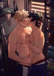 2boys abs air_vent blonde_hair blush butt_crack cleaning_tool closed_eyes closet cum cum_on_body cum_on_hand cum_on_penis cumming cumming_together double_handjob freckles frottage gay grabbing green_hair handjob head_grab izuku_midoriya katsuki_bakugou kissing making_out male/male male_only my_hero_academia nipple_piercing nipples partially_clothed_male pecs penis penis_out piercing shirtless_male short_hair spacenipnops spiky_hair toned toned_male yaoi