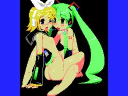 2girls ass blonde_hair blue_eyes blush bow detached_sleeves ezakishii female female_only green_eyes green_hair hatsune_miku headphones kagamine_rin lesbian long_hair lowres msx multiple_girls necktie pixel_art saliva_trail short_hair small_breasts tattoo twintails vocaloid wink yuri