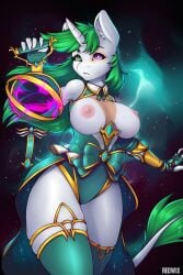 absurd_res anthro areola big_breasts breasts clothed clothing cosmic_background crossover equid equine exposed_breasts female hasbro heterochromia hi_res horn leotard looking_up mammal my_little_pony nipples paladins partially_clothed redwix solo starry_background unicorn