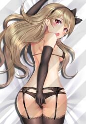 1girls ass back back_view bare_back bare_thighs big_ass black_panties blonde_hair bow breasts brown_panties corrin_(fire_emblem) corrin_(fire_emblem)_(female) covered_nipples dakimakura elbow_gloves female_only fingering fingering_self fire_emblem fire_emblem_fates garter_belt gloves hair_between_eyes hairband lingerie looking_at_viewer looking_back masturbation moe_market nintendo on_bed open_mouth panties partially_visible_vulva pussy_juice red_eyes sideboob small_breasts solo thighhighs thighs