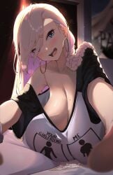 1girls blue_eyes blush braid breasts busty cleavage clothes_writing english_text female gamer_girl heart hoop_earrings huge_breasts instagram livestream magister_(bigbakunyuu) meme_attire mole_on_breast original pandora_smith phone phone_screen pink_hair smile streaming t-shirt