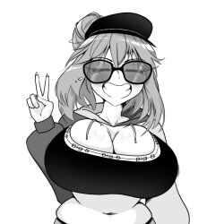 1girls belly belly_button big_breasts black_and_white blue_hair bobberkyu breasts chubby cleavage closed_eyes female glasses hat hoodie huge_breasts looking_at_viewer milf miss_b_(character) mommy_kink peace_sign smile sports_bra sunglasses teeth tied_hair tinted_eyewear