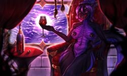 alcohol anthro beverage blood bodily_fluids breasts dragon ear_piercing facial_piercing female halloween hi_res holidays illustration night nipple_piercing nipples nose_piercing nude piercing red scale_(disambiguation) solo stronkfurry vampire wine