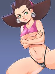 1girls black_fingernails brown_hair crop_top crossed_arms crotch_plate earrings female green_eyes greenmarine hairband highleg highleg_panties mega_man mega_man_legends navel navel_piercing small_breasts solo spread_legs thick_thighs thighs thong tron_bonne underboob