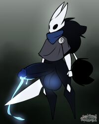 1boy clothing cum erection femboy hollow_knight humanoid humanoid_penis hyper hyper_genitalia hyper_penis hyper_testicles johnithanial male male_only neckwear original_character penis precum solo standing topwear vessel_(species) weapon