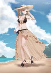 1girls absurdres alternate_costume ann_takamaki bare_legs beach bikini black_bikini black_swimsuit blonde_hair blue_eyes breasts cleavage cosplay crossover dhokidoki female female_only fire_emblem fire_emblem:_three_houses fire_emblem_heroes full_body hat highres large_breasts light-skinned light-skinned_female looking_at_viewer mercedes_von_martritz_(cosplay) mercedes_von_martritz_(summer) nail_polish navel nintendo ocean outdoors persona persona_5 sand sandals sarong see-through sky solo straw_hat sun_hat swimsuit toes twintails