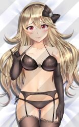 1girls ass_visible_through_thighs bare_shoulders bare_thighs black_panties blonde_hair bow breasts brown_panties collarbone corrin_(fire_emblem) corrin_(fire_emblem)_(female) dakimakura elbow_gloves female_only fire_emblem fire_emblem_fates garter_belt gloves hair_between_eyes hairband lingerie looking_at_viewer medium_breasts moe_market nintendo on_back on_bed panties pulling red_eyes shy_smile smile solo teasing thighhighs thighs undressing