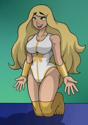 1girls adora armor blonde_female blonde_hair blue_eyes bracer breasts cyan_background disguisedhypnotist female female_focus female_only happy_trance hourglass_figure hypnosis kneeling large_breasts leotard mind_control open_mouth presenting she-ra she-ra_and_the_princesses_of_power simple_background smile solo solo_female thick_thighs thighhighs thin_waist toe_socks toes white_leotard wide_hips yellow_thighhighs