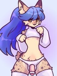 1boy animal_ears anthro blue_hair blue_hair_male clothing femboy genesis_starwind_(genesisstarwind) male male_anthro male_only nipples penis ponytail ponytail_male solo tail topwear underwear