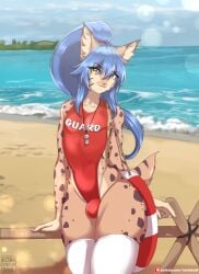 1boy anthro blue_hair blue_hair_male bulge clothing day femboy genesis_starwind_(genesisstarwind) legwear lifeguard male male_anthro male_only ponytail ponytail_male solo thick_thighs