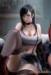 1girls bare_thighs black_hair breasts choker cleavage female final_fantasy final_fantasy_vii huge_breasts indoors lips long_hair looking_at_viewer panties pantyshot pantyshot_(sitting) red_eyes ryumi-gin smile solo tank_top thick_thighs thighhighs thighs tifa_lockhart upskirt white_panties