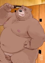 2021 anthro balls belly brown_body brown_fur edit flaccid fur genitals humanoid_genitalia humanoid_hands humanoid_penis kemono male mammal mature_male moobs navel nipples overweight overweight_male penis small_penis solo totemoii_029 uncensored ursid