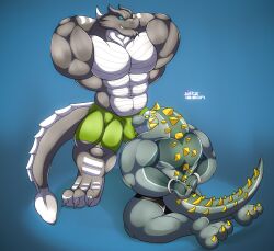 abs accessory anthro artist_name barazoku biceps big_muscles blue_eyes bondage bondage bound bulge claws clothing cuff_(restraint) digital_media_(artwork) digitigrade dinosaur dominant dragon duo flexing grey_body grin handcuffs happy hekar hi_res kardukk kobold male male/male metal_cuffs multicolored_body muscular muscular_anthro muscular_male paws pecs reptile restraints scalie shaded signature smile spikes standing teasing teeth two_tone_body two_tone_tail underwear white_body