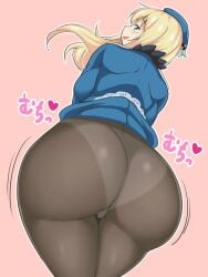 ass ass_shake atago_(kantai_collection) backboob blonde_hair blue_eyes breasts curvy female from_behind hat highres huge_ass kantai_collection large_breasts long_hair looking_at_viewer looking_back naughty_face open_mouth panties panties_under_pantyhose pantyhose pink_background simple_background smile solo sumemako thick_thighs thighs underwear white_panties wide_hips