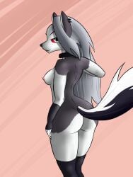 1girls 2020 absurd_res anthro areola ass black_clothing black_legwear black_stockings breasts canid canine canis clothing collar female hair helluva_boss hi_res legwear long_hair looking_at_viewer loona_(helluva_boss) mammal monochrome_fur mostly_nude nipples ravirr red_sclera side_boob silver_hair solo stockings wolf