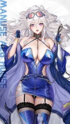 asymmetrical_sleeves azur_lane bare_shoulders breasts chains choker cleavage clothing_cutout collar english english_text enterprise_(azur_lane) enterprise_(wind_catcher)_(azur_lane) eyewear_on_head female fingerless_gloves gloves goggles goggles_on_head heart heart-shaped_pupils large_breasts lips long_hair looking_at_viewer nipple_bulge nipples_visible_through_clothing on_back on_bed open_mouth purple_eyes race_queen sunglasses_on_head sweat sweatdrop symbol-shaped_pupils tagme thick_thighs thighhighs thighs tsuki_no_i-min unzipped white_hair zipper