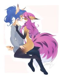 1boy 1girls animal_ears anthro anthro_on_anthro blush breasts closed_eyes clothing female female_anthro femboy femboy_on_female genesis_starwind_(genesisstarwind) interspecies kissing legwear long_hair long_hair_female male_anthro straight tail topwear