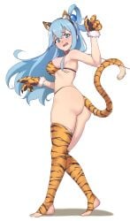 1girls aqua_(konosuba) ass blue_eyes blue_hair blush breasts collar female gloves kono_subarashii_sekai_ni_shukufuku_wo! long_hair solo tail thighhighs thighs thong tiger_paws tiger_print tiger_tail todding toeless_legwear year_of_the_tiger