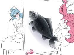 artist axolotl bandaid bandaid_on_pussy bandaids_on_nipples blue_hair comedy drawing melodhy_bluu moe_momoe_kyun pink_hair sct_project siren virtual_youtuber yellow_eyes