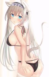 :o animal_ear_fluff animal_ears ass bangs bikini black_bikini blue_eyes blush breasts cat_ears cat_girl cat_tail cowboy_shot female female from_behind grey_hair hair_over_shoulder highres large_breasts long_hair looking_at_viewer looking_back nibosi original sideboob simple_background solo standing string_bikini swimsuit tail tail_raised thighhighs twintails very_long_hair white_legwear