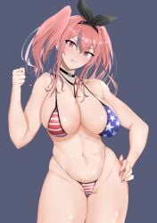 american_flag_bikini azur_lane between_breasts bikini breasts bremerton_(azur_lane) cameltoe choker cleavage clenched_hand covered_nipples ear_piercing female flag_print hairband hand_on_hip large_breasts looking_at_viewer mole mole_on_breast navel piercing pink_eyes pink_hair ranhatu red_eyes skindentation swimsuit thighs thong_bikini tongue tongue_out twintails_(disambiguation)