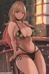 1girls 2022 arachnart bare_shoulders big_breasts bikini black_bikini blonde_hair bra breasts cleavage collar female female_only flower_pattern gyaru hips huge_breasts kitagawa_marin large_breasts leaning long_hair looking_at_viewer navel necklace panties red_eyes side-tie_bikini slim_waist smile solo solo_female sono_bisque_doll_wa_koi_wo_suru thick_thighs thighs wide_hips