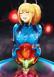 after_sex after_vaginal ahe_gao armor bangs blonde_hair blue_bodysuit blue_eyes blush bodysuit breasts bukkake censored claws commentary covered_nipples cum cum_in_mouth cum_in_pussy cum_on_body cum_on_breasts cum_on_clothes cum_on_hair cumdrip dark_background dripping e.m.m.i eyebrows_visible_through_hair facial female furrowed_brow gaping glowing glowing_eye glowing_headgear hair_between_eyes headwear_removed helmet helmet_removed helmet_with_visor highres holding holding_helmet human_penetrated lips lipstick long_hair makeup medium_breasts metroid metroid_dread mole mole_under_mouth mosaic_censoring nintendo open_mouth ponytail pussy red_lips robot robot_on_human robot_penis rolling_eyes samus_aran sawasa sex_machine sidelocks signature skin_tight solo_focus spread_legs steaming_body sweatdrop swept_bangs thick_thighs thighs tongue tongue_out torn_bodysuit torn_clothes varia_suit_helmet zero_suit zero_suit_samus