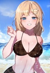 1girls absurdres beach bikini blonde_hair blue_eyes blush breasts brown_bikini grin hair_ornament highres hololive hololive_english hololive_myth iver_(reviolet) large_breasts looking_at_viewer navel ocean smile solo stomach swimsuit virtual_youtuber watson_amelia waves