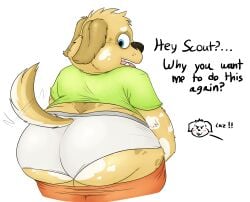 absurd_res anthro ass big_butt bird_dog blue_eyes bottomwear briefs brutus_miller_(nood1e) canid canine canis chubby_anthro chubby_cheeks chubby_male clothed clothing confusion cub cute_fangs dialogue domestic_dog floppy_ears fluffy fluffy_ears fluffy_hair fluffy_tail fur golden_retriever hair hi_res hunting_dog looking_back male mammal nood1e offscreen_character overweight overweight_anthro overweight_male partially_clothed presenting presenting_hindquarters retriever scout_(nood1e) shaded shirt shorts simple_shading slightly_chubby solo_focus spots spotted_body spotted_fur t-shirt tail_motion tailwag thick_thighs tighty_whities topwear underwear undressing white_clothing white_underwear wide_hips yellow_body yellow_fur young