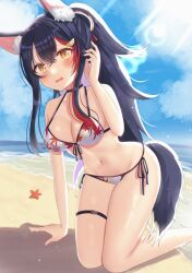 animal_ear_fluff animal_ears bangs beach bikini black_hair blue_sky blush cloud cloudy_sky day female floral_print full_body hair_between_eyes hair_ornament hair_over_shoulder hairpin hand_up highres hololive hololive_gamers hololive_japan kneeling leaf leg_strap long_hair maple_leaf multicolored_hair navel nibosi ocean oerba_yun_fang ookami_mio outdoors ponytail red_hair skin_fang sky solo string_bikini swimsuit tail virtual_youtuber water white_bikini yellow_eyes