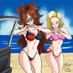 android_18 android_21 android_21_(human) beach bikini dragon_ball dragon_ball_fighterz dragon_ball_z glasses pink_bikini yhusanmi