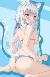 absurdres animal_ear_fluff animal_ears bangs barefoot bikini blue_bikini blue_bow blue_eyes blue_ribbon bow breasts cat_ears cat_girl cat_tail chucolala covered_nipples eyebrows_visible_through_hair female from_behind grey_hair hair_over_shoulder hair_ribbon hairbow highres jawr8473 large_breasts long_hair looking_at_viewer looking_back ribbon shiny shiny_hair shirayuki_aria sitting soles solo string_bikini swimsuit tail tail_raised virtual_youtuber wariza