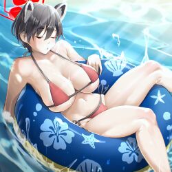 allied_hyakkiyako_academy_student animal_ears bikini black_hair blue_archive blush breasts cleavage closed_eyes commentary eyebrows_visible_through_hair feet_out_of_frame female hair_between_eyes halo highres hoyhoy_colo hoyhoycoro inner_discipline_club_(blue_archive) innertube large_breasts lying navel parted_lips red_bikini short_hair side-tie_bikini skindentation sleeping solo splashing stomach string_bikini swimsuit thighs tsubaki_(blue_archive) very_short_hair water