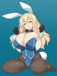 animal_ears atago_(kantai_collection) blonde_hair blue_background breasts cleavage fake_animal_ears female gloves green_eyes highres huge_breasts kantai_collection long_hair looking_at_viewer massive_breasts pantyhose playboy_bunny rabbit_ears sitting smile solo sumemako wariza