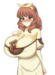 1girls alternate_breast_size alternate_costume big_breasts blush breasts celica_(fire_emblem) cleavage commission commissioner_upload dress fefex fire_emblem fire_emblem_echoes:_shadows_of_valentia gigantic_breasts hand_on_breast heavy_blush huge_breasts large_breasts nintendo object_between_breasts red_eyes red_hair ribbon smile teddy_bear white_background