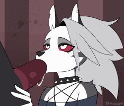 2d 2d_animation animated anthro bodily_fluids canid canid_demon clothed clothing collar demon duo fellatio fellatio_gesture female fur genitals gesture grey_body grey_fur grey_hair hair hellhound helluva_boss hi_res looking_at_another looking_at_partner looking_up loona_(helluva_boss) male male/female mammal moonfluffmf oral oral_penetration penetration penile penis red_eyes saliva sex sucking suggestive suggestive_gesture white_body white_eyes white_fur