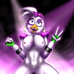 animatronic avian beak bow bracelet chicken female female_only five_nights_at_freddy's five_nights_at_freddy's:_security_breach fnaf glamrock_chica_(fnaf) heart-shaped_pupils lighting makeup nipples pink_bow smile uwu_best