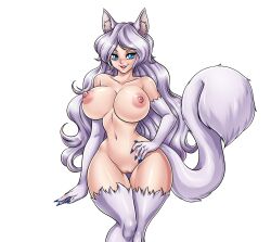 1girls animal_ears blue_eyes blush breasts cat_ears cat_girl cat_tail claws davyonmartz female fur highres large_breasts long_hair monster_girl navel nipples nude open_mouth original pussy simple_background smile solo tail thigh_gap wavy_hair white_background white_hair wide_hips