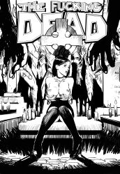 1girls au_(artist) black_and_white breasts cemetery collar faceless_male high_heels holding_breast multiple_boys necklace nipples penis skirt stockings zombies