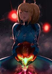 after_sex after_vaginal ahe_gao armor bangs blonde_hair blue_bodysuit blue_eyes blush bodysuit breasts bukkake censored claws commentary covered_nipples cum cum_in_mouth cum_in_pussy cum_on_body cum_on_breasts cum_on_clothes cum_on_hair cumdrip dark dark_background dripping e.m.m.i eyebrows_visible_through_hair facial female furrowed_brow gaping glowing glowing_eye glowing_headgear hair_between_eyes headwear_removed helmet helmet_removed helmet_with_visor highres holding holding_helmet human_penetrated lips lipstick long_hair makeup medium_breasts metroid metroid_dread mole mole_under_mouth mosaic_censoring nintendo open_mouth ponytail pussy red_lips robot robot_on_human robot_penis rolling_eyes samus_aran sawasa sex_machine shade sidelocks signature skin_tight solo_focus spread_legs steaming_body sweatdrop swept_bangs thick_thighs thighs tongue tongue_out torn_bodysuit torn_clothes varia_suit_helmet zero_suit zero_suit_samus