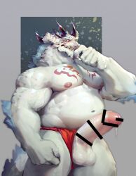 2020 5_fingers anthro asian_clothing balls biped censor_bar chest_markings claws clothing colored dragon east_asian_clothing fingers fundoshi fundoshi_only genitals grey_balls grey_body grey_penis grey_scales hi_res horn humanoid_hands japanese_clothing male male_focus markings musclegut muscular muscular_anthro muscular_male muscular_thighs navel nipples omochi_kuitai pecs penis red_clothing red_eyes red_fundoshi red_underwear scales scalie underwear yellow_sclera