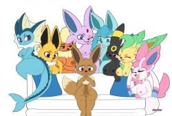 1boy 6+girls 8girls anthro ass black_body black_nose blue_body blue_eyes breasts brown_body cheek_tuft dipstick_tail eevee eeveelution espeon facial_tuft female flareon fluffy fluffy_tail frill_(anatomy) furniture genitals glaceon group humanoid_genitalia i_am_kat95 jolteon leafeon male mammal markings multiple_females multiple_girls neck_tuft nervous nintendo penis pillow pink_body pink_tongue pokémorph pokemon pokemon_(species) purple_body purple_eyes red_body red_eyes simple_background sofa sylveon tail_markings tan_body tongue tuft umbreon vaporeon video_games white_background white_body yellow_body