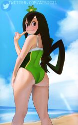 1girls alternate_version_available ass atric18 bikini blush female long_hair looking_back my_hero_academia one-piece_swimsuit solo standing swimsuit thick_thighs thighs tsuyu_asui