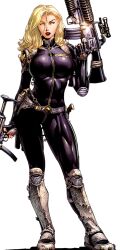 athletic_female belt big_breasts blonde_hair bodysuit carol_danvers clothed facing_viewer fingerless_gloves fully_clothed holding_weapon holster holstered_weapon knife lipstick long_hair marvel nametag pistol rifle shoulder_holster skintight standing tagme tight_clothing transparent_background ultimates weapon yellow_eyes zipper zipper_pull_tab