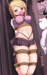 absurdres ahoge akamatsu_kaede arms_behind_back ball_gag bangs black_legwear black_skirt blonde_hair bondage bound bound_arms breast_bondage breasts crotch_rope danganronpa danganronpa_(series) danganronpa_v3:_killing_harmony dankestofdans female gag gagged hair_ornament highres in_container in_locker kneehighs large_breasts locker locker_bondage long_hair looking_at_viewer microskirt monokuma musical_note_hair_ornament navel no_shoes purple_eyes restrained rope rope_bondage shibari_over_clothes skindentation skirt solo stomach straight_hair suspension